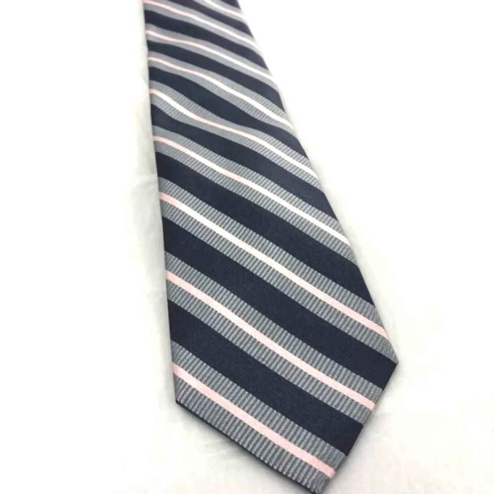 New With Tags Merona 100% Silk Gray and Pink Striped Traditional Long Neck Tie
